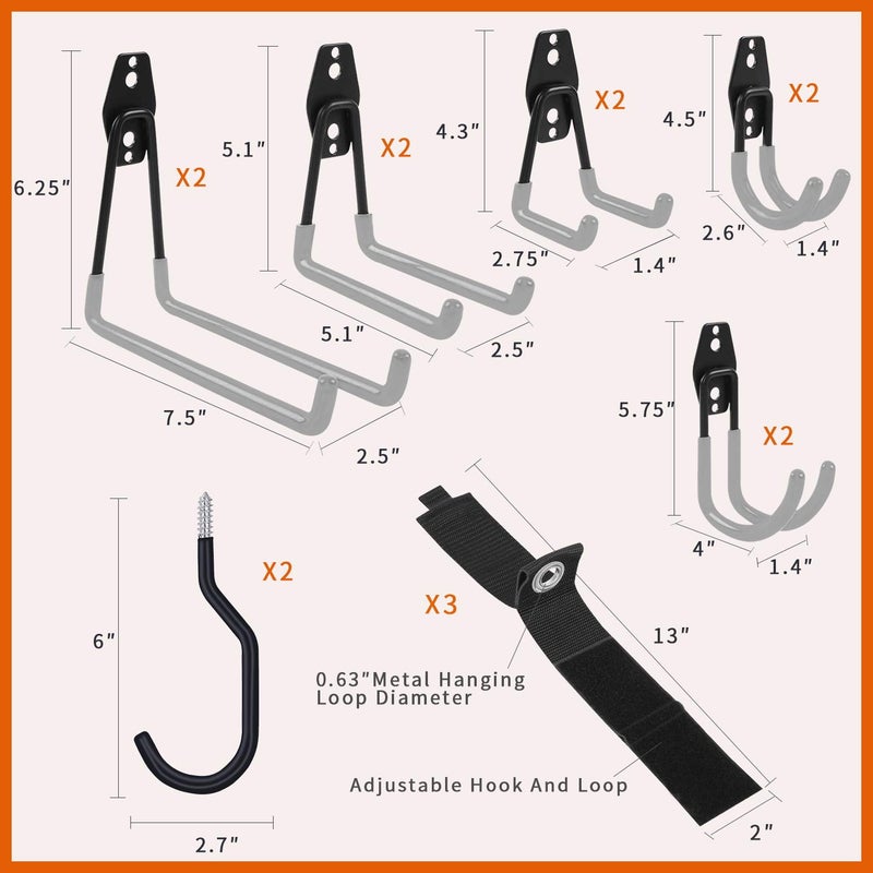 SMARTOLOGY Garage Hooks with Bike Hook & Extension Cord Organizer, 15 Pack Set Steel Multi-Tool Hanger, Heavy Duty Utility Storage Holder for Home & Warehouse Lawn Garden Tool Organizer - Image 4